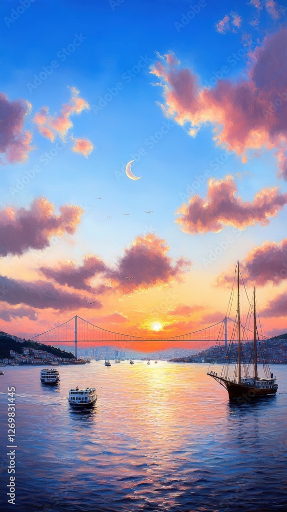 the Bosphorus in Istanbul, the sky painted in warm Bosphorus Bridge illuminated by soft evening light, the Bosphorus in Istanbul, the sky painted in warm Bosphorus Bridge illuminated by soft evening light,