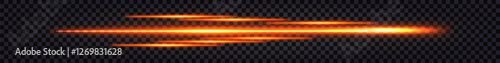 Laser light glowing beam, red neon luminous speed lines, dynamic motion, flying fiery impulse thunder bolt. Isolated vector element on dark transparent background