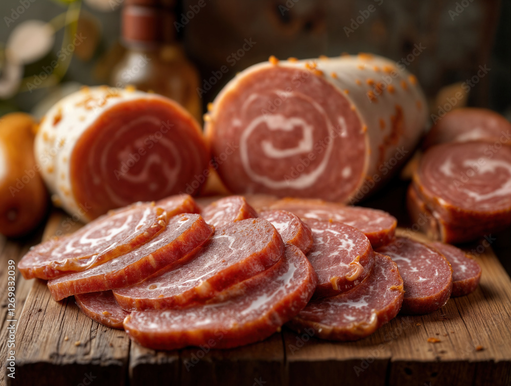 The sliced roll is displayed on a wooden cutting board. The meat is cut into small pieces and laid out in a visually appealing manner. The concept of abundance and variety. The sliced roll is displayed on a wooden cutting board. The meat is cut into small pieces and laid out in a visually appealing manner. The concept of abundance and variety.