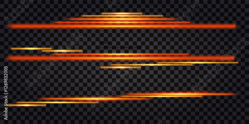 Fiery laser beams, red neon light glowing sticks, border divider, design element. Luminous light lines, thunder bolt, shiny streaks. Isolated vector on dark transparent background