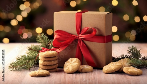 a brown box with a red ribbon sits on a table with a bunch of christmas cookies