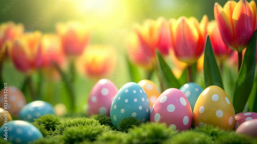 Fototapeta premium Spring Easter Celebration with Vibrant Tulips and Decorated Eggs
