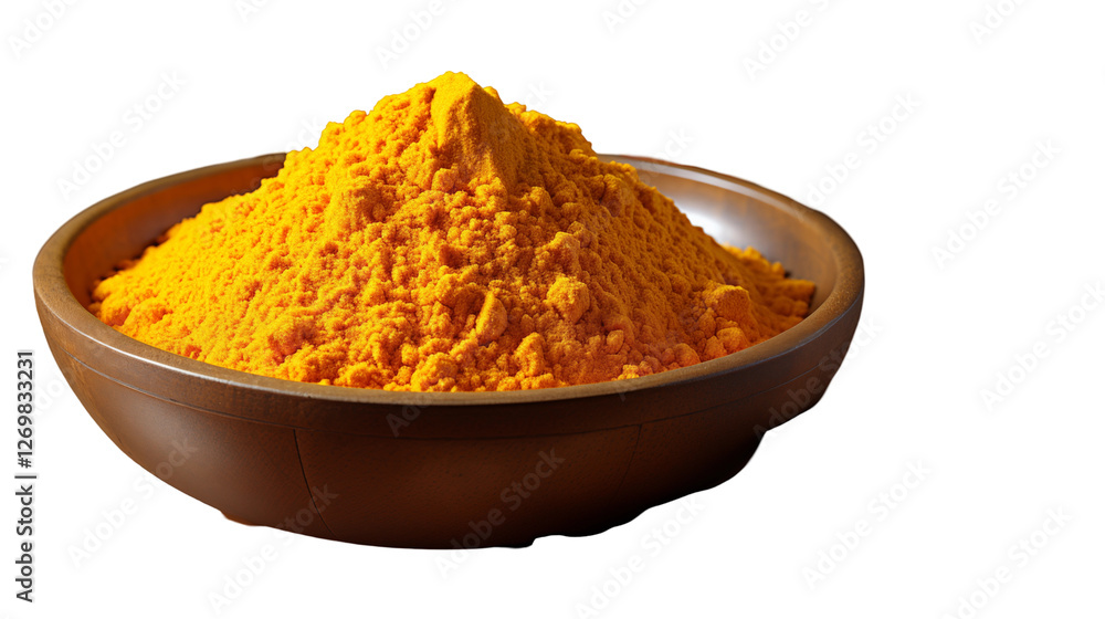 Golden Turmeric Powder Fresh Roots in Wooden Bowl, Asian Spice for Food Themes, isolated on transparent background.