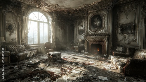 Ruined mansion interior, sunlit window, debris, fire. Post-apocalyptic setting photo