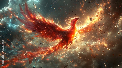 Fiery phoenix emerging from pixelated ruins with a radiant display of digital rebirth