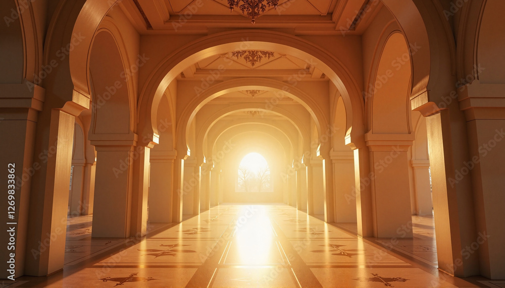 Serene mosque corridor bathed in warm golden light, sacred tranquility Serene mosque corridor bathed in warm golden light, sacred tranquility