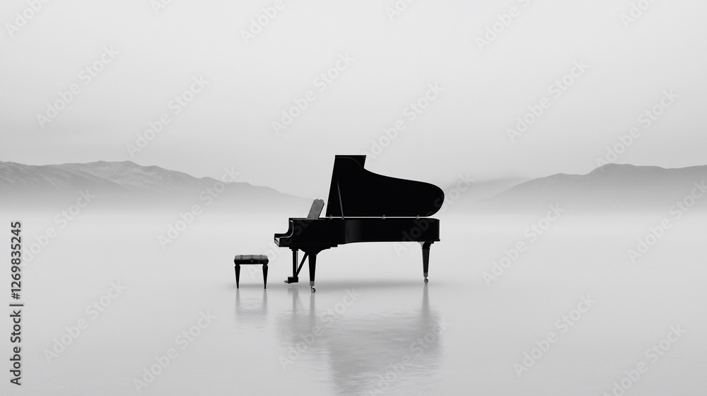 Grand piano alone in foggy mountainscape.