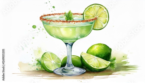 non alcoholic margarita with lime splash and garnish watercolor illustration featuring recipe text on white background refreshing mocktail concept for design and print