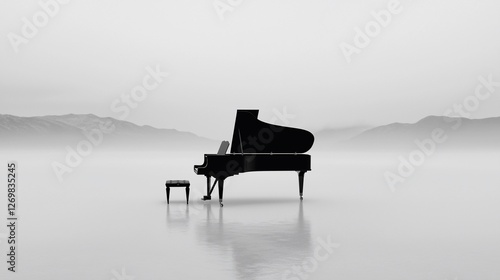 Obraz na płótnie Grand piano alone in foggy mountainscape. w salonie