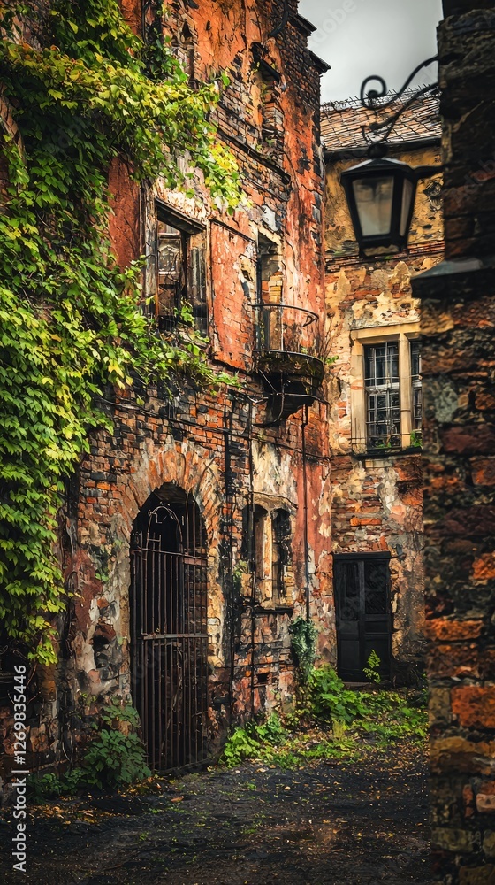 Old European alleyway, overgrown with ivy, weathered brick buildings, a dark archway, and a vintage lantern. Possible stock photo use Old European alleyway, overgrown with ivy, weathered brick buildings, a dark archway, and a vintage lantern. Possible stock photo use