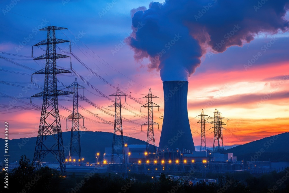 A nuclear power plant with cooling towers emitting steam, surrounded by high-voltage power lines against a colorful sunset sky A nuclear power plant with cooling towers emitting steam, surrounded by high-voltage power lines against a colorful sunset sky