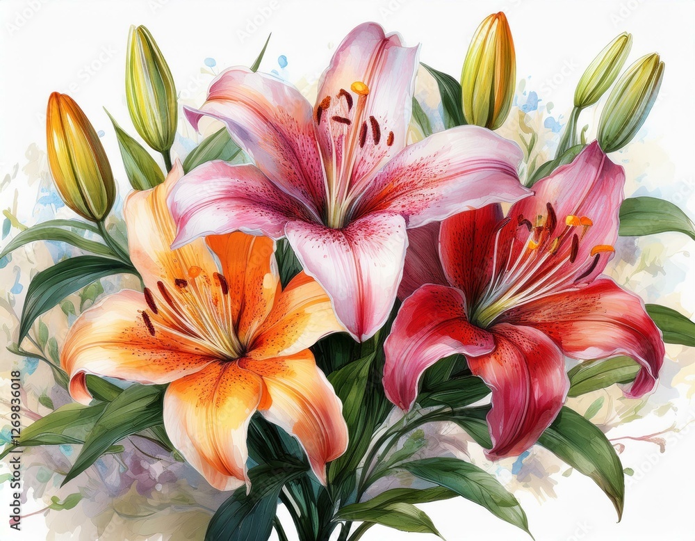 Fototapeta premium watercolor lilies bouquet three lilies composition isolated on white background floral illustration botanical art lily watercolor botanical flowers