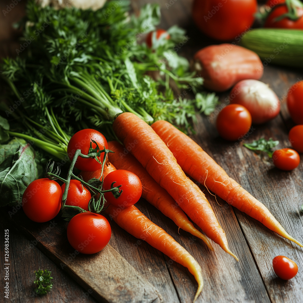 Rustic farm-to-table vegetables: A beautiful arrangement of farm-fresh vegetables including carrots, spinach, and tomatoes, emphasizing organic and natural food. Rustic farm-to-table vegetables: A beautiful arrangement of farm-fresh vegetables including carrots, spinach, and tomatoes, emphasizing organic and natural food.