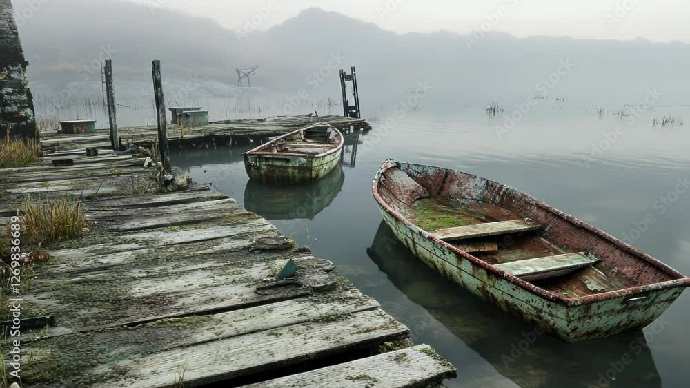 A tranquil scene of abandoned boats by a misty lake, surrounded by weathered wooden structures. A tranquil scene of abandoned boats by a misty lake, surrounded by weathered wooden structures.