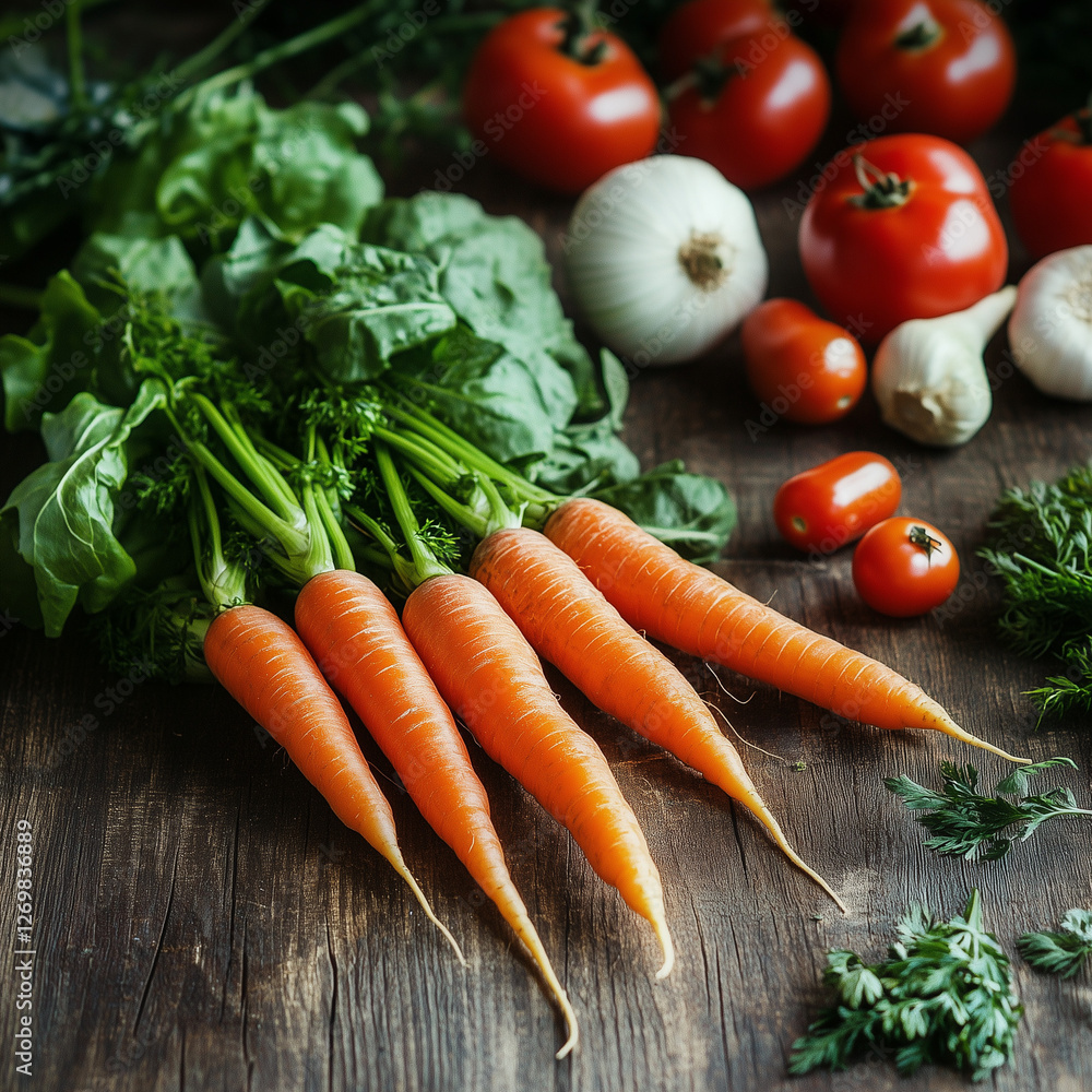 Fresh organic carrots and tomatoes on a rustic wooden table: A vibrant display of fresh organic carrots and tomatoes on a rustic wooden table, perfect for healthy eating and farm-to-table concepts. Fresh organic carrots and tomatoes on a rustic wooden table: A vibrant display of fresh organic carrots and tomatoes on a rustic wooden table, perfect for healthy eating and farm-to-table concepts.