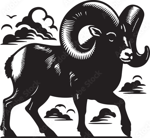 Bighorn sheep Black Vector and Illustration in White Background