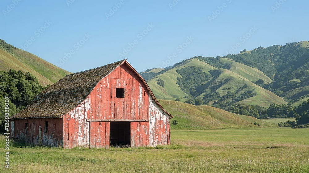 Rustic red barn in valley, green hills background, rural landscape, idyllic scenery, farm imagery Rustic red barn in valley, green hills background, rural landscape, idyllic scenery, farm imagery