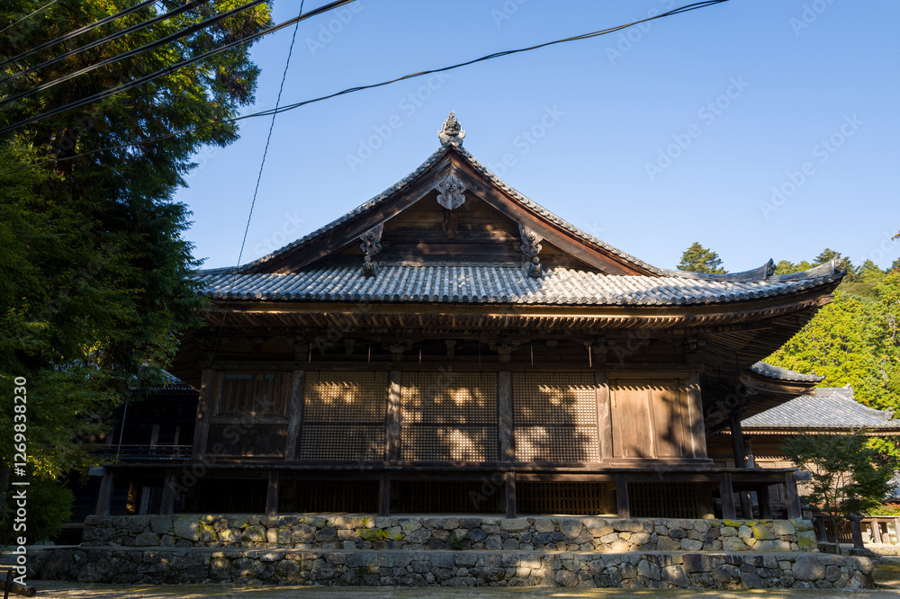 Obraz premium The Three Halls around the Engyoji Maniden in Himeji in Asia, Japan, Kansai, Himeji, in summer, on a sunny day.