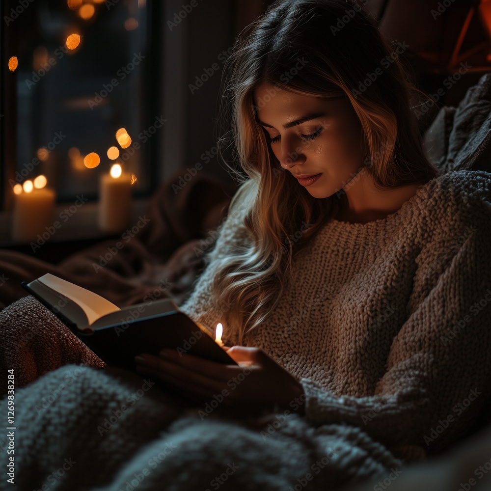 Tranquil Reading Moment with Soft Candle Glow: A woman in a cozy knitted sweater, deeply engrossed in a book, illuminated by the gentle flicker of candlelight, creating a warm and intimate atmosphere. Tranquil Reading Moment with Soft Candle Glow: A woman in a cozy knitted sweater, deeply engrossed in a book, illuminated by the gentle flicker of candlelight, creating a warm and intimate atmosphere.