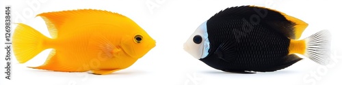 Two fish, one yellow and one black, are displayed next to each other. The yellow fish is noticeably larger than the black fish photo