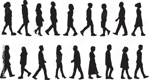 vector; silhouette side view of large group of people walking
