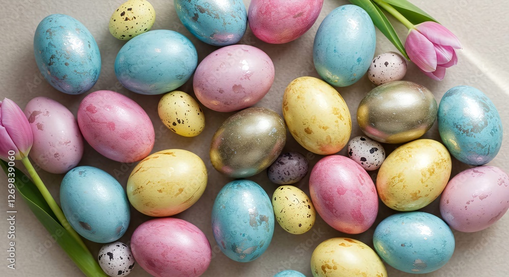Pastel Easter Eggs with Pink Tulips Pastel Easter Eggs with Pink Tulips