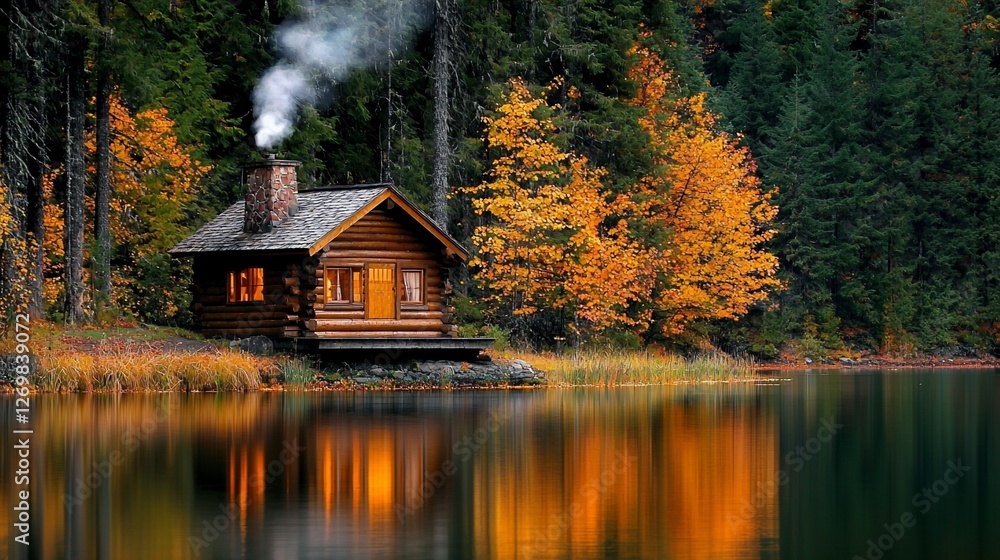 Obraz premium Rustic log cabin by autumn lake.