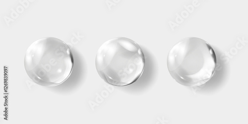 Transparent hyaluronic acid bubbles. Clear collagen drops. Cosmetic serum. Skin care product. Vector illustration