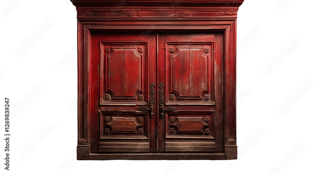 Fototapeta premium Antique Red Wooden Door Vintage Elegant Design, Rich Detailing for Home Interiors, isolated on transparent background.