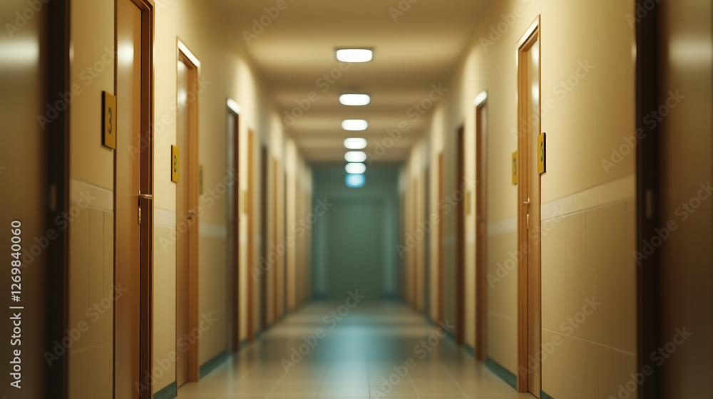 Narrow corridor in a college dorm with muted beige walls and fluorescent lights Narrow corridor in a college dorm with muted beige walls and fluorescent lights