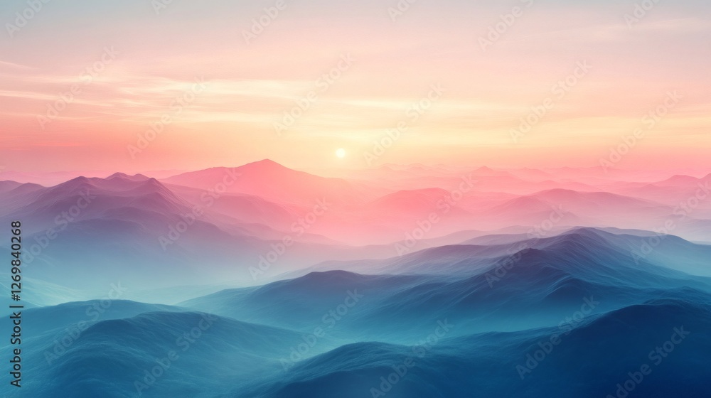Fototapeta premium Misty mountain landscape with pink and blue pastel colors at sunset