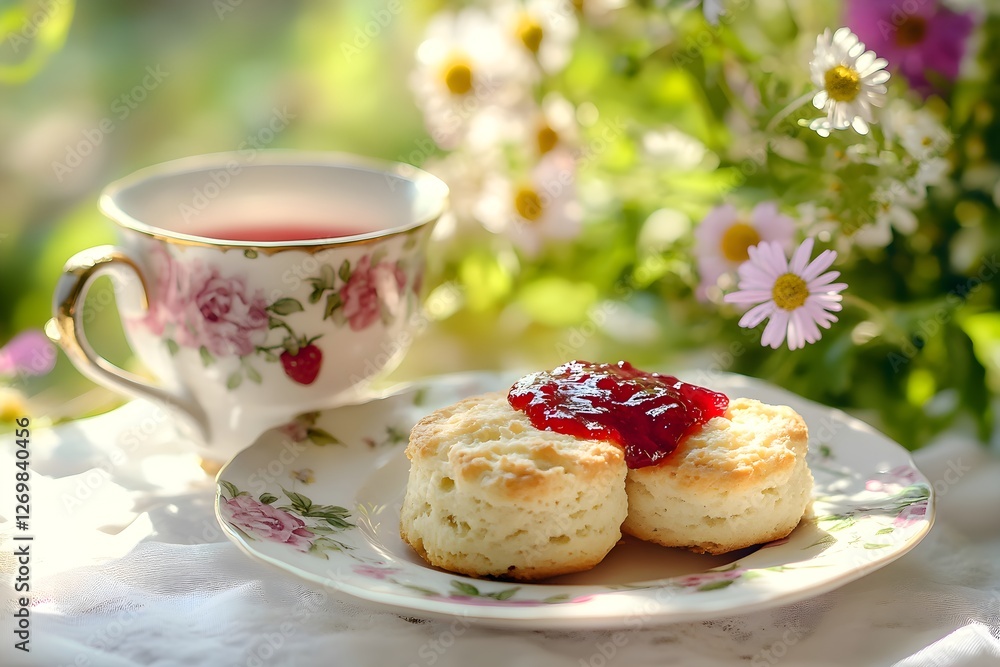 Scones with strawberry jam and tea in a blooming spring garden with soft light Scones with strawberry jam and tea in a blooming spring garden with soft light