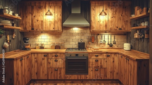 Rustic wooden kitchen, warm lighting, cooking, home design, interior photo