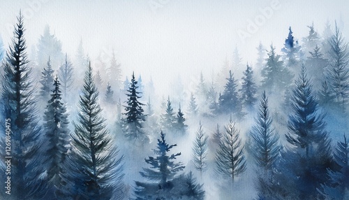 watercolor foggy forest landscape illustration wild nature in wintertime