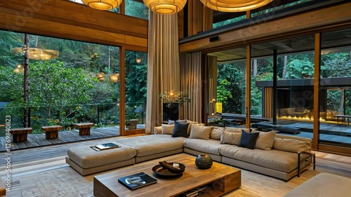 Modern living room interior with forest view through large windows, for relaxation