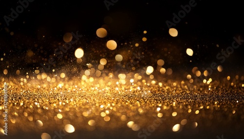 defocused gold glitter with glowing sparks on black background