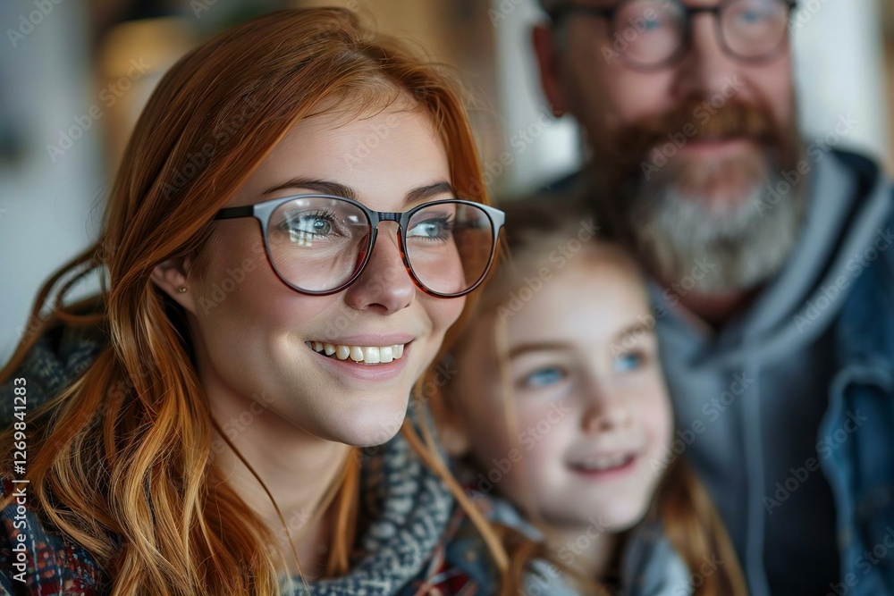 Smiling young mother with glasses learning sign language to talk with her hearing impairment daughter, while a well-groomed bearded man looks on. Smiling young mother with glasses learning sign language to talk with her hearing impairment daughter, while a well-groomed bearded man looks on.