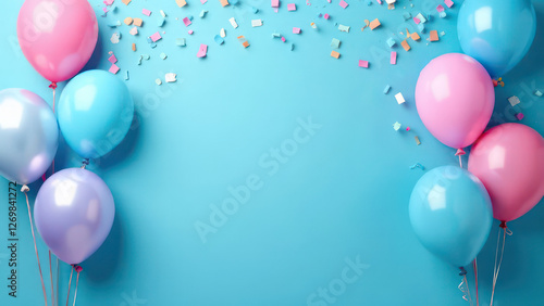 Blue festive birthday party background with balloons, confetti