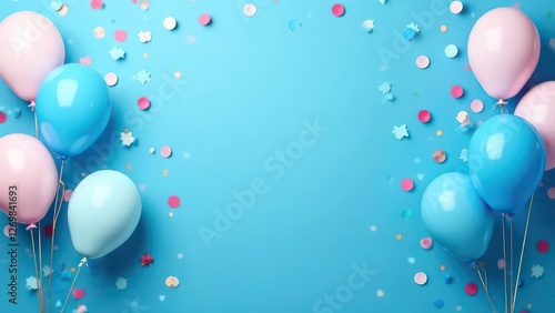 Blue festive birthday party background with balloons, confetti