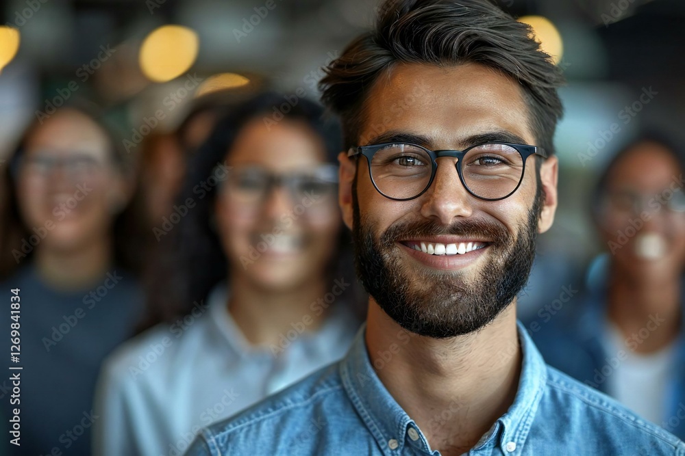 Smiling young businessman with well-groomed beard doing multitasking work at workplace, accompanied by coworkers wearing eyeglasses. Smiling young businessman with well-groomed beard doing multitasking work at workplace, accompanied by coworkers wearing eyeglasses.