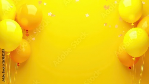 Yellow festive birthday party background with balloons, confetti