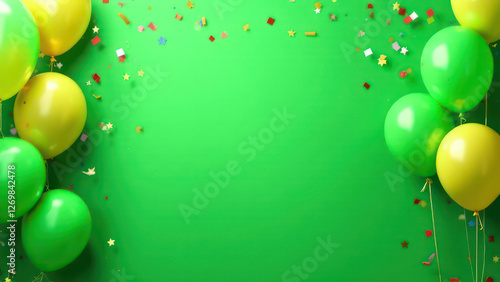 Green festive birthday party background with balloons, confetti