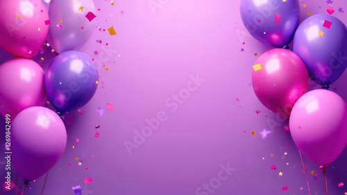 Purple festive birthday party background with balloons, confetti