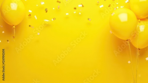 Yellow festive birthday party background with balloons, confetti