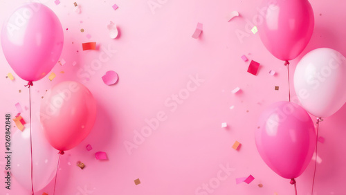Pink festive birthday party background with balloons, confetti