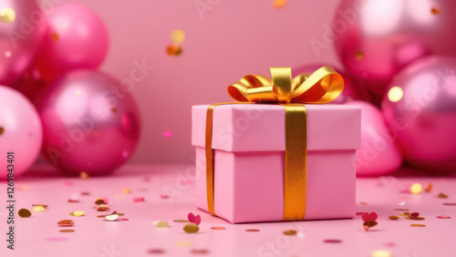 Luxury party pink gift box with golden ribbon bow on festive birthday background with balloons, confetti 