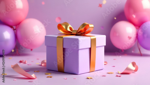 Luxury party lilac gift box with golden ribbon bow on festive birthday background with balloons, confetti 