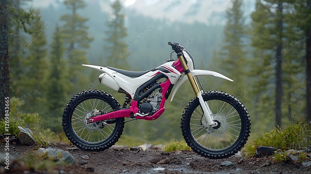 Off-Road Motorcycle In Misty Mountain Landscape Off-Road Motorcycle In Misty Mountain Landscape