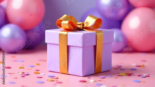 Luxury party lilac gift box with golden ribbon bow on festive birthday background with balloons, confetti 