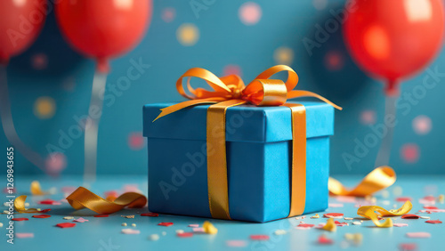 Luxury party blue gift box with golden ribbon bow on festive birthday background with balloons, confetti 